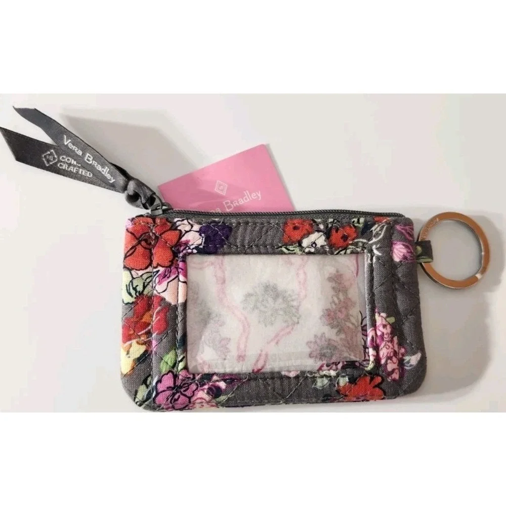 NWT Vera Bradley Zip ID Case Hope Blooms Gray White Wallet Key Ring Coin Purse‎
